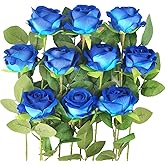 Kenpal Realistic Fake Roses Artificial Flowers with Stem for Decoration Floral Arrangement Centerpieces Wedding Bouquets (10, Blue)