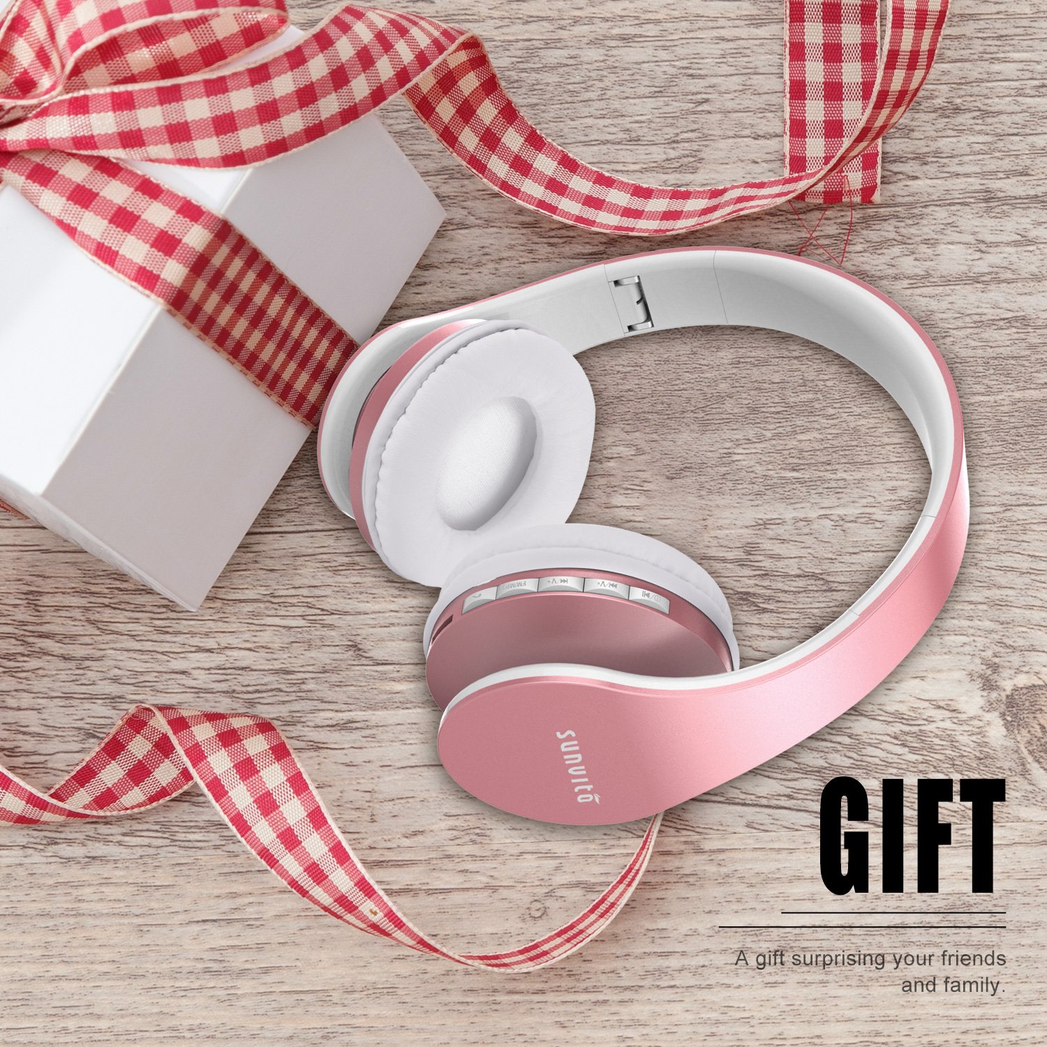 Cuffie Bluetooth 4 in 1 Pieghevole Wireless Auricolari con Mic, Lettore MP3, Radio FM, Auricolare Collegato, Regalo Cuffie Over Ear Stereo per Phone Portatili PC (oro rosa)
