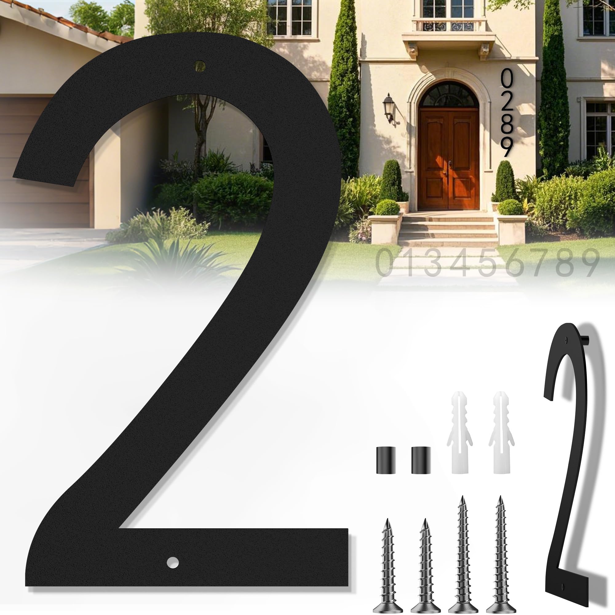 Photo 1 of 16 Inch House Numbers for Outside, Extra Large Address Numbers for House, Large Modern Floating House Numbers, Big Metal Numbers for House Outdoor, Matte Black Steel 16'' Address Number 2 (0123456789