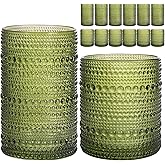 Moretoes Hobnail Drinking Glasses Set of 12, 12 Oz Highball Glasses & 10 Oz Cocktail Glasses, Green Embossed Boho Glass Cups Kitchen Bar Tumbler Glassware Set for Whiskey, Beer, Juice, Milk