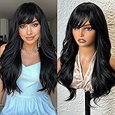 topshe Long Black Wavy Wig With Bangs for Women 24 Inch Curly Wavy Wig With Bangs Natural Looking Synthetic Heat Resistant Fiber Wig for Daily Party & Cosplay Use