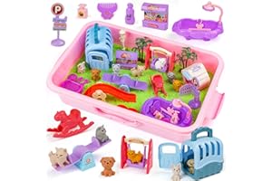 Pet Sensory Bin Play Set with Lid Dog and Cat Sandbox Kids Play Sand Kit Pet Care Play Set Role Pretend Play Beach Toy Birthd