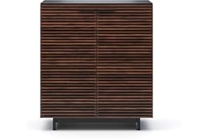 BDI Furniture Corridor 5620-36'' Bar Cabinet with Louvered Doors, Wine and Bottle Storage, Adjustable Shelf, Storage Drawer, Stemware Rack and Glass Top, Chocolate Stained Walnut
