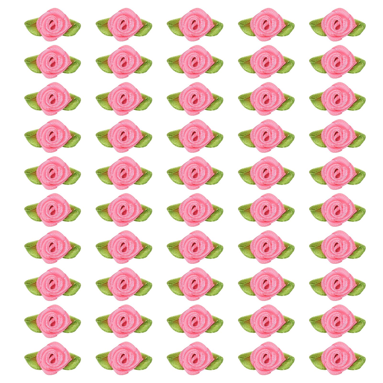 PATIKIL 15mm Tiny Satin Ribbon Rose, 300 Pcs Fabric Flowers Embellishments Rosettes Applique with Green Leaves for DIY Crafts Wedding Decor, Cerise