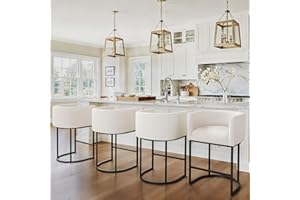 LUE BONA 27" H Counter Height Bar Stools Set of 3, Modern Barrel Counter Stools with Backrest and Arms, Black Metal Frames, Linen Fabric Upholstered Accent Barstools for Kitchen Island, Beige