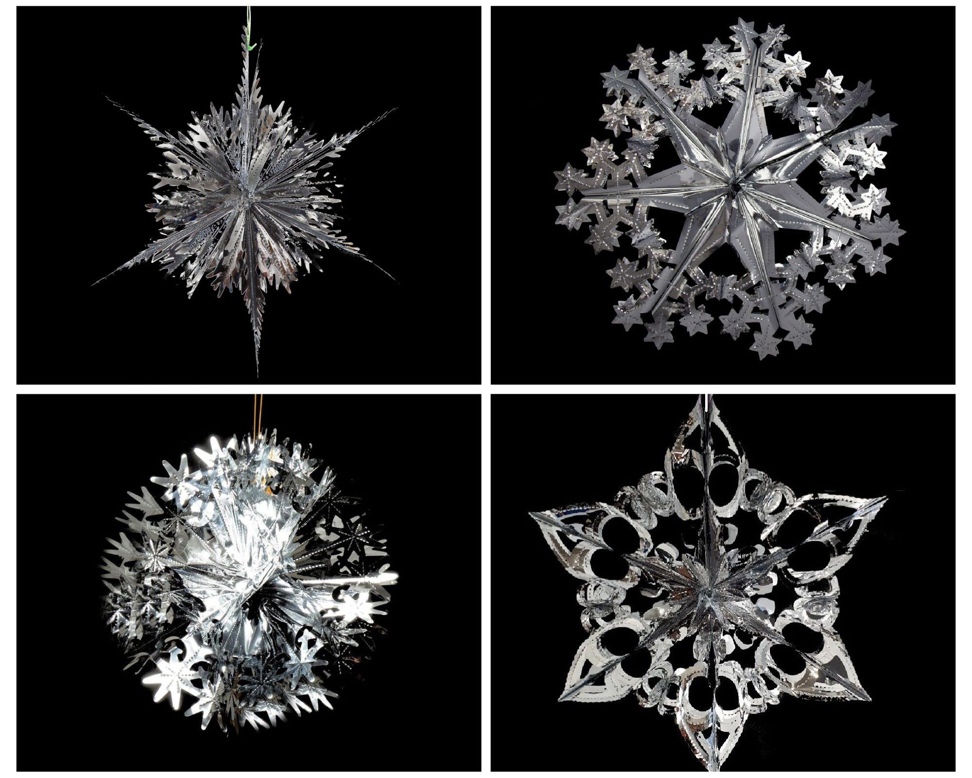 Simply Products Set of 4 40cm Christmas Foil Ceiling Garland Hanging Xmas Decoration, Long Star, Snowflake, Star Ball & Star (Silver)