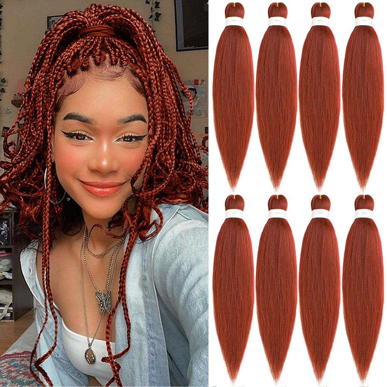 Xtrend 26 Inch EZ Braids 8Packs Copper Red Pre-Stretched Easy Braiding Hair Extensions for Box Braids Hair Hot Water Setting Synthetic Fiber Hair Extensions 350#
