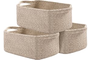 OIAHOMY Cotton Rope Baskets for Shelves, Woven Storage Baskets, Rectangle Nursery Small Basket with Handles, Pack of 3, Brown