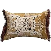 Creative Co-Op Tibetan Tiger Print Fringe Cotton Velvet Lumbar Pillow, Multicolor Finish