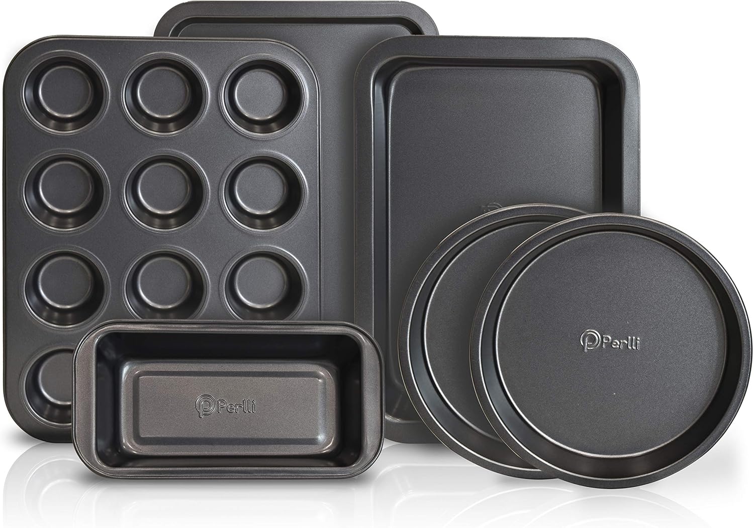 Nonstick Bakeware Baking Set, 6 Pc Dark Gray Baking Pans Set Kitchen Oven Safe Basics PTFE PFOA Free Baking Sheet Set with Loaf Pan, Two Round Cake Pans, Medium Cookie Sheet, Roasting Pan & Muffin Pan: Kitchen & Dining