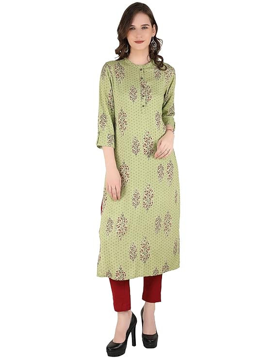 Amore Traders Rayon Block Printed Straight Green Color