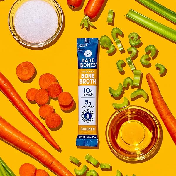 BARE BONES CHICKEN BONE BROTH INSTANT POWDERED MIX | RICH SAVORY PACKETS ON-THE-GO NO ARTIFICIAL FLAVORS | 100% GRASS FED KETO & PALEO FRIENDLY | 10G PROTEIN | 4 PACK