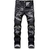 AITITIA Men's Biker Zipper Deco Washed Straight Fit Jeans