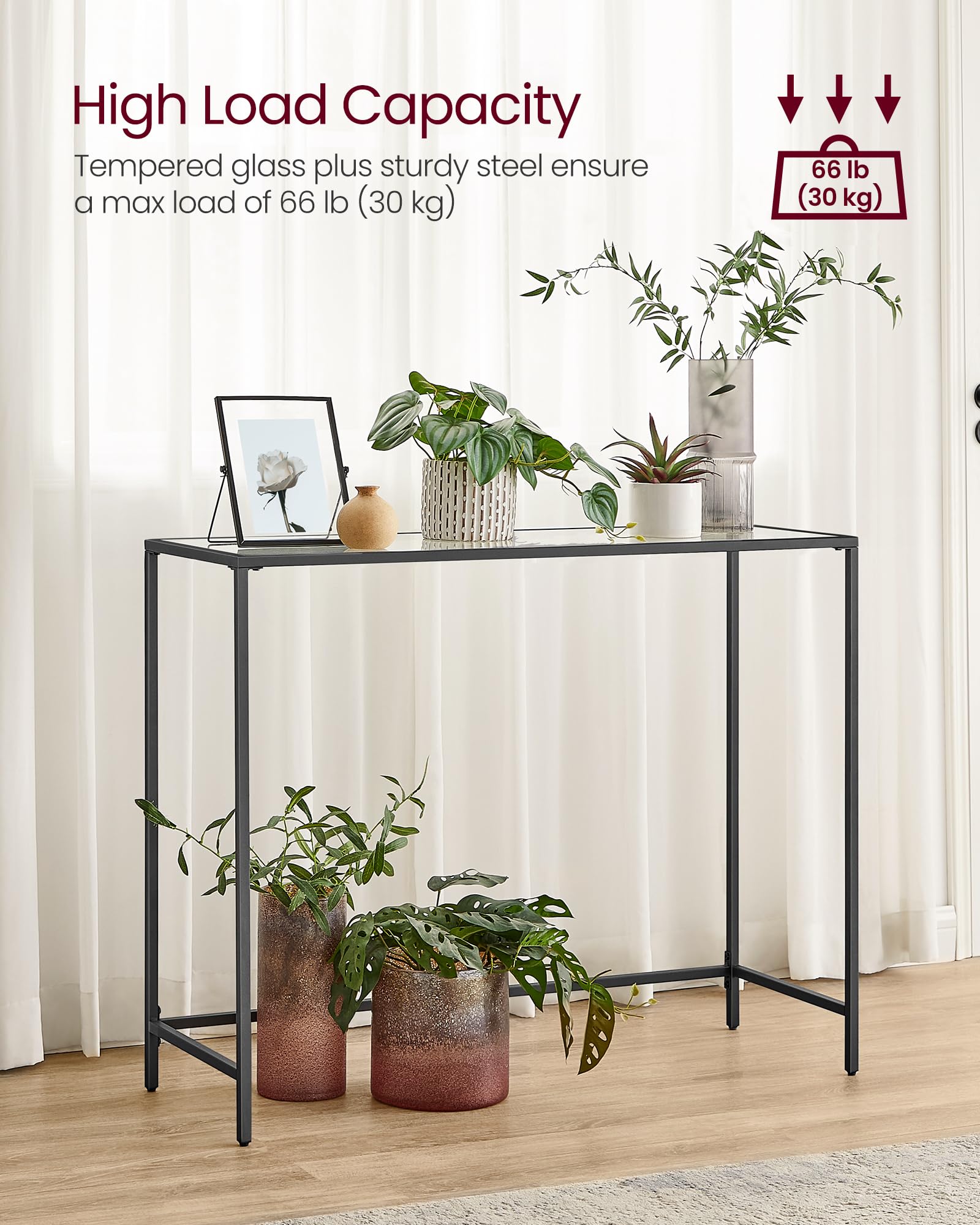 VASAGLE 39.4 Inches Console Table, Tempered Glass Sofa Table, Modern Entryway Table, Metal Frame, Easy to Assemble, Adjustable Feet, for Living Room, Hallway, Black ULGT026B01