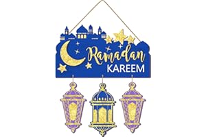 SIONOIUR Ramadan Kareem Door Sign, Ramadan Mubarak Decorations for Home Decor Wood Hanging Ornaments, Eid Mubarak Moon Wooden Plaque Sign Lantern Pendant for Islamic Muslim Door and Wall Blue and Purple