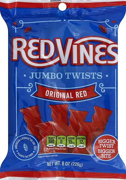 RED VINES JUMBO LICORICE, ORIGINAL RED FLAVOR, 8OZ BAGS (12 PACK), SOFT & CHEWY CANDY TWISTS