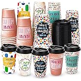 Ovveroche 50 Pack 16 oz Disposable Coffee Cups with Lids,5 Motivational Encouragemen Positivity Paper Hot Cups for Hot and Cold Beverages,Coffee,Tea,Water,Juice