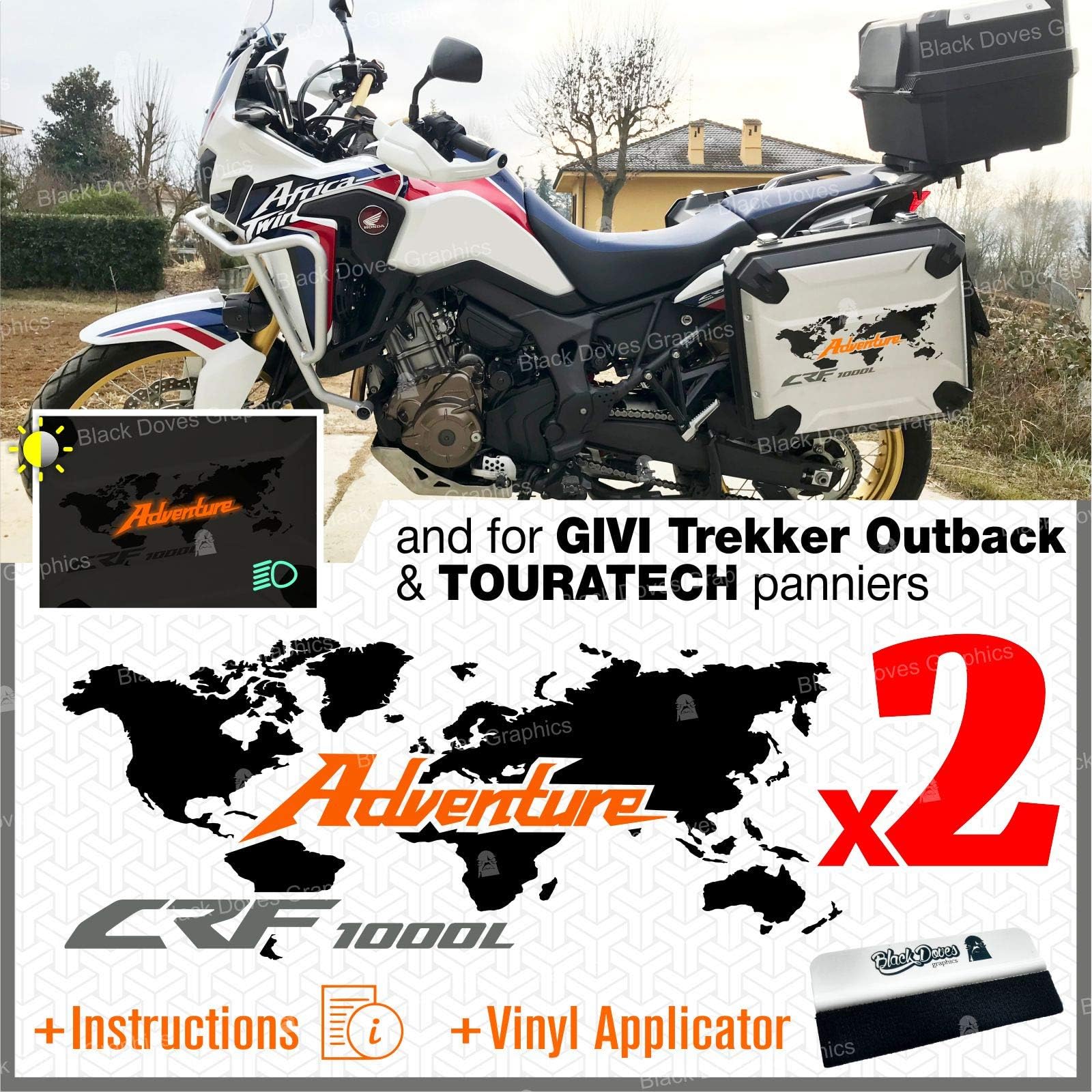 Kit stickers compatible with Honda CRF 1000 L Africa Twin 2016 ADVENTURE original panniers or Touratech GIVI Trekker Outback 37L 48L Black Doves Graphics (Black/Orange)