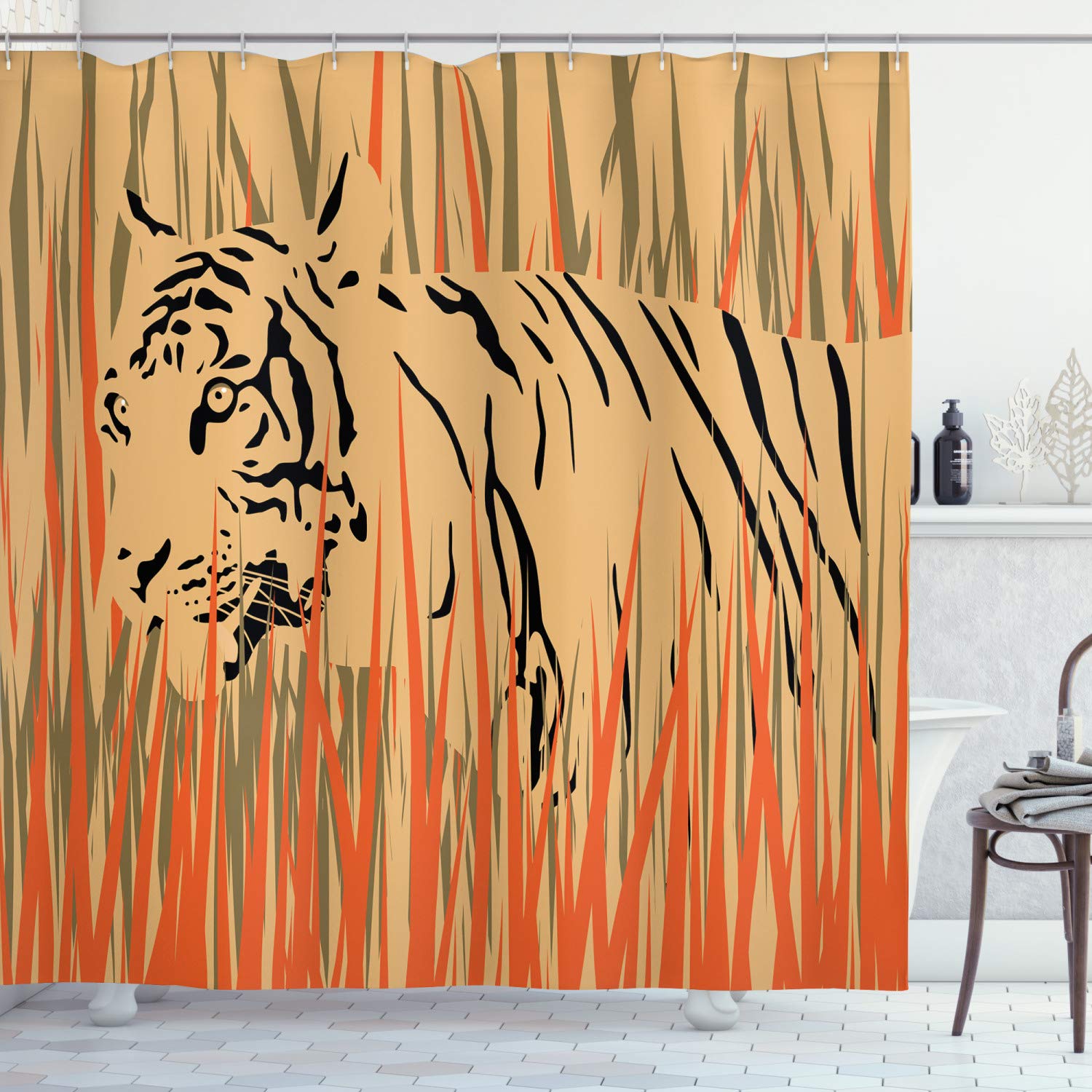 ABAKUHAUS Africa Shower Curtain, Tiger in the Bushes Camouflage Carnivore Predator Feline Safari Animal Art, Cloth Fabric Bathroom Decor Set with Hooks, 78 Inches, Peach Orange — image 1