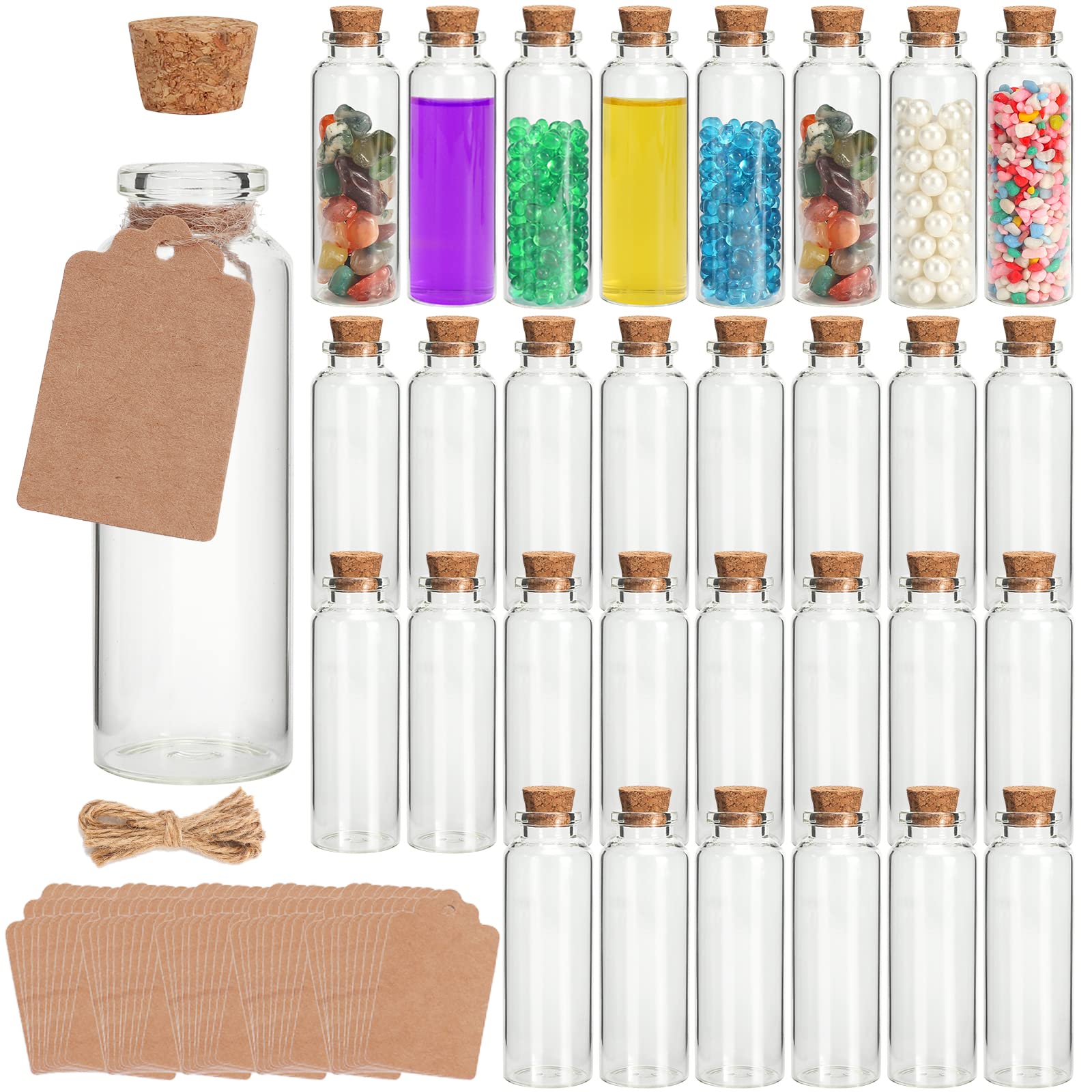 30 Pcs 30ml Mini Glass Bottles with Cork Stoppers, DIY Decoration Tiny Glass Jars, Mini Vials Cork, Message Wishing Bottle with Label Tags and String for Arts Crafts, Decoration, Party Favors.
