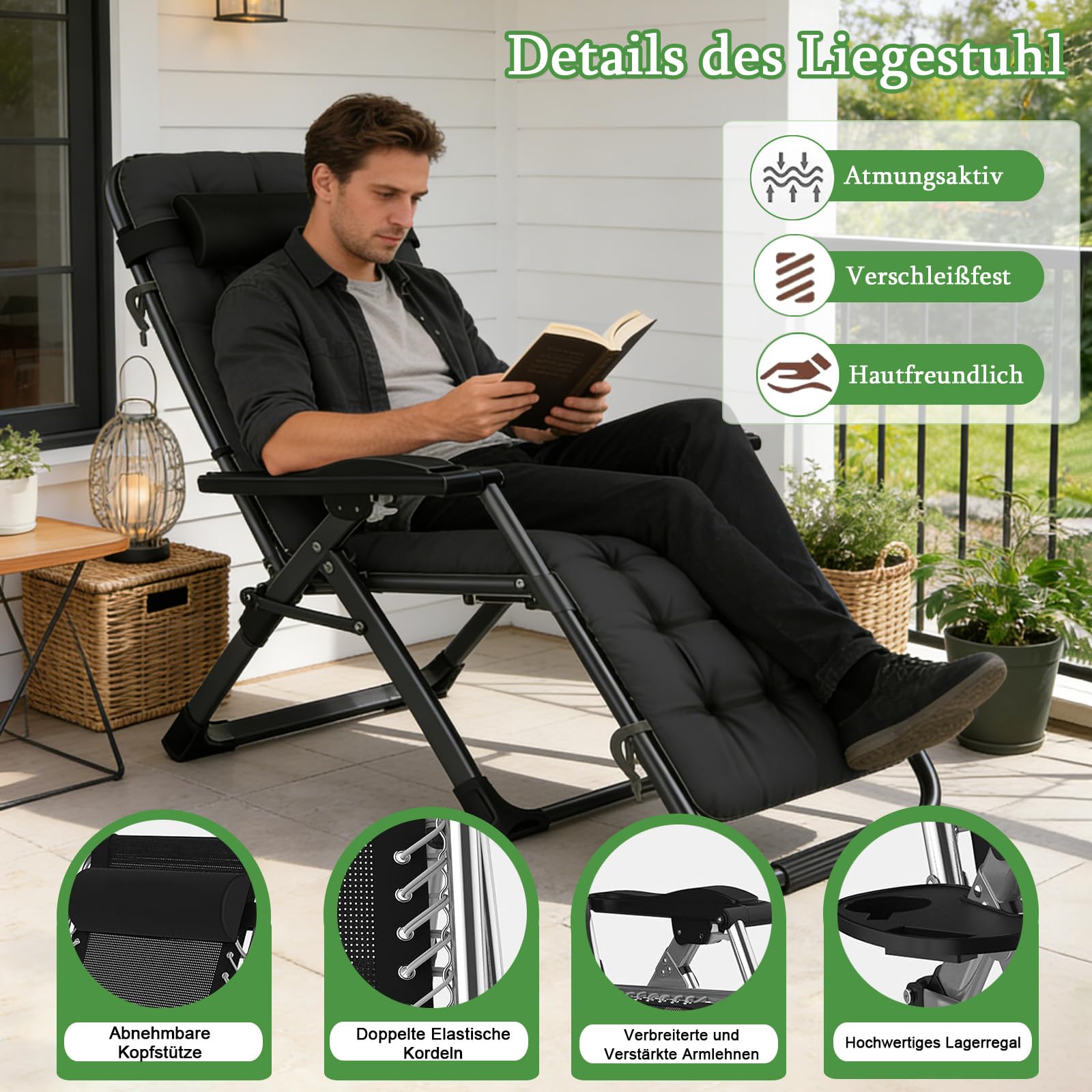 haiorjun Sonnenliege Liegestuhl Klappbar 200kg Belastbar Klappbare Gartenliege mit Abnehmbare Kissen und Auflage, Extra Breite 72 cm Relaxliege Garten Verstellbare Rückenlehne Balkonliege 5