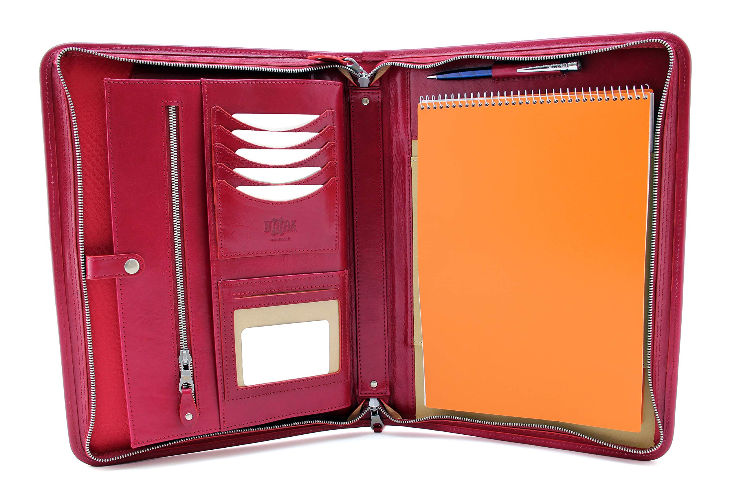Italian Leather Portfolio, Zipped Conference A4, Folder, Padfolio, Leather Folio with Handle (red)