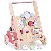 PairPear Wooden Baby Walker Push and Pull Learning Activity Walker, 8-in-1 Montessori Busy Board Push Walker Wooden Activity Center Toys for Boys and Girls 12m+ (Pink Rabbit)