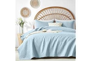 akkialla Rose Floral King Size Quilts,Quilt Bedding Set for King Bed,Sky Blue 3-Piece Lightweight Microfiber Bedspread,Botanical Flower Pattern Coverlet Set for All Seasons(1 Quilt,2 Pillow Shams)