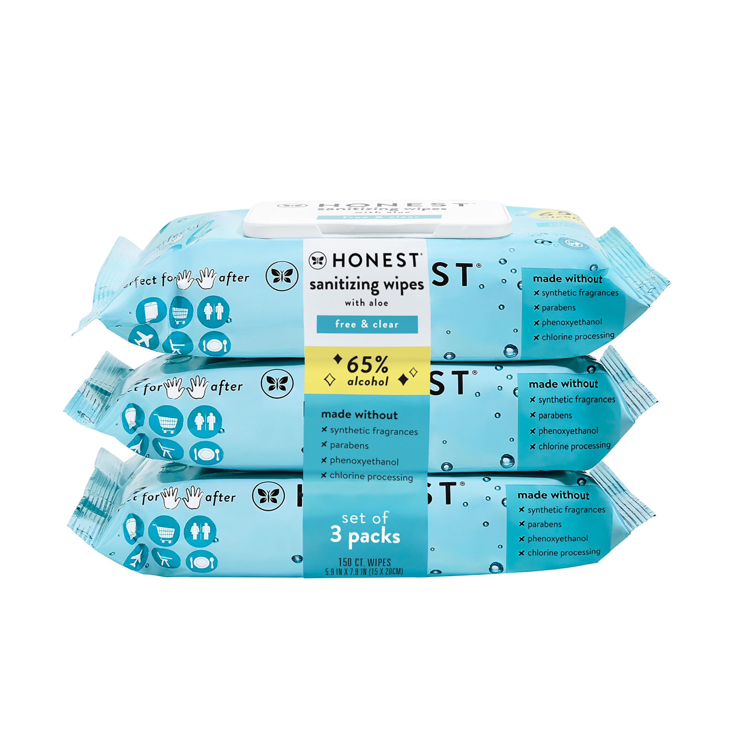 The Honest Company Fragrance Free Sanitizing Alcohol Wipes | Antibacterial + Safe for Hands | Kills 99% of Germs, Made With Aloe | 150 Count (3 Packs of 50)