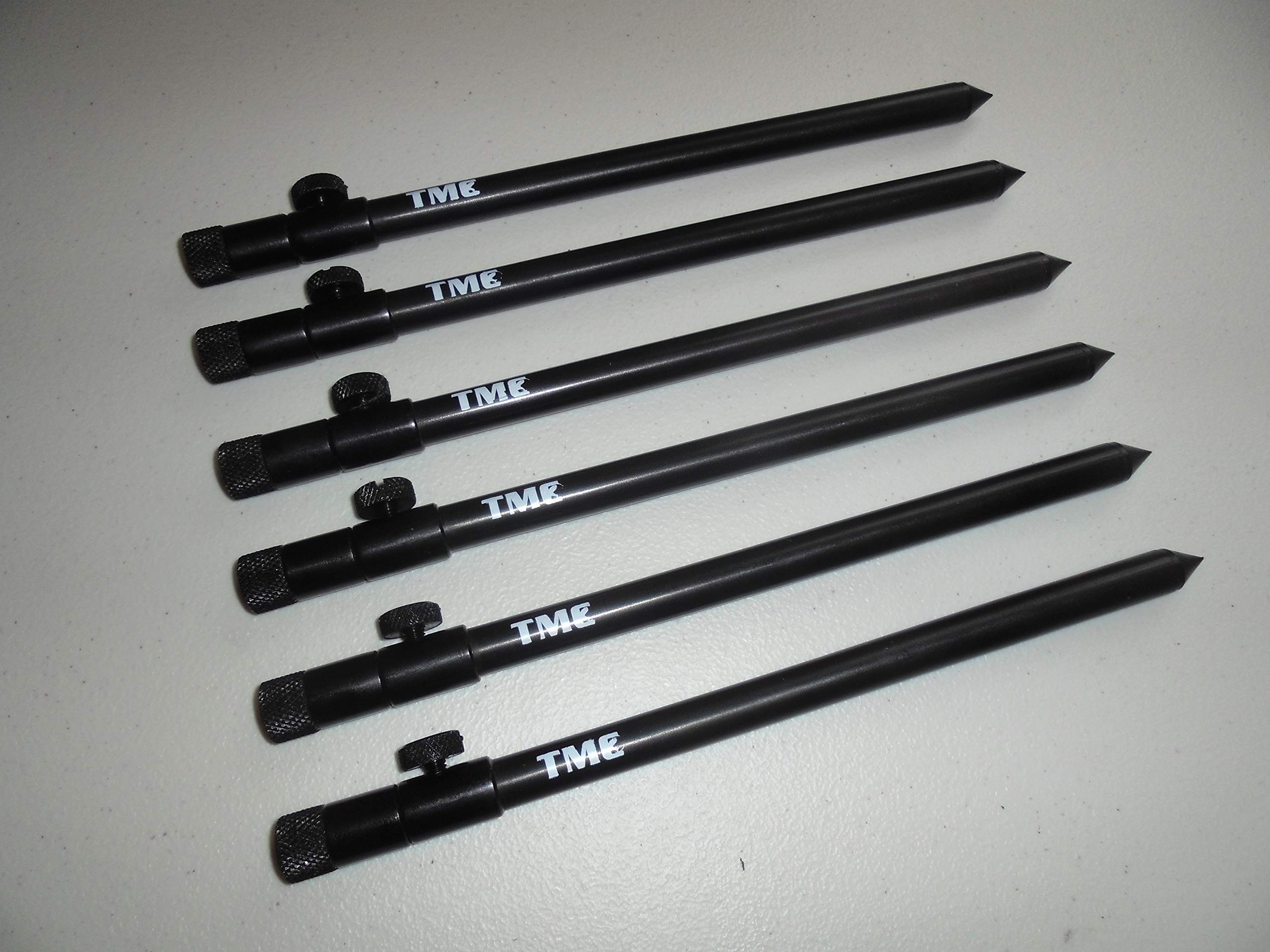 TMC 6 x Aluminium Bank Sticks 25-45 cm's. Rod Rests, Buzz Bar, Alarms. Fishing