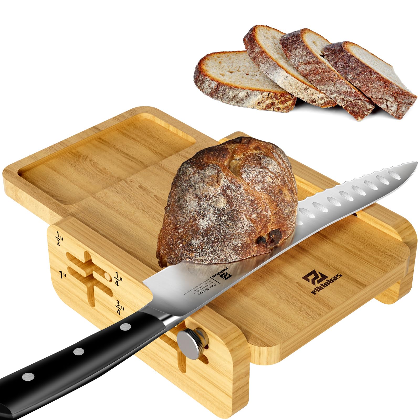 Photo 1 of Piklohas Bread Slicer for Homemade Bread, World's 1st Horizontal Wooden Loaf Cutter with Crumb Tray, Adjustable 4 Slice Thickness, Perfect for Sourdough, Cakes, Toast, and Bagels(without knife)