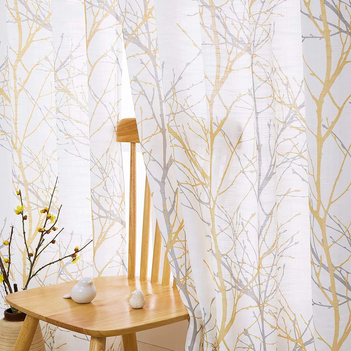 Fmfunctex Yellow Semi Sheer Curtains for Living Room 90 Drop Grey Voile Curtains for Bedroom Tree Branch Eyelet Curtain Linen Textured Light Filtering Window Curtain Drapes for Dining Room 2 Panels