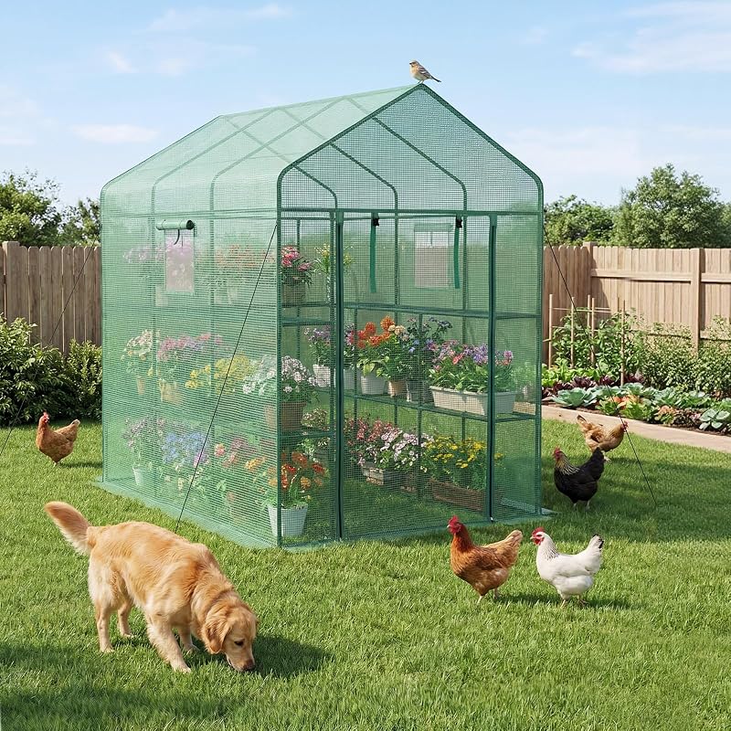 Serre de Jardin avec 14 Étagères 2 Niveaux Serre de Jardin pour Plantes et Fleurs en Pot, avec Bâche en PE, 2 Fenêtres, Porte Zippée Enroulable, Charge par Niveau 15 kg, 137x206x196 cm, Vert