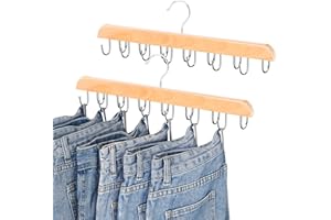KAQUBE Jean Hangers for Closet, 14 Wood Jeans Hooks Space Saving, 180° Rotating Jean Hangers Holder for Jeans/Skirts/Shorts/Belts/Ties, Closet Organizers and Storage, Pants Hooks for Jeans, 2 Pack, Natrual