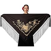 AMINA Medium Peak Shawl Triangular Flamingo or Sevillanas .Black with Flowers and Gold Fringe 75X35inch