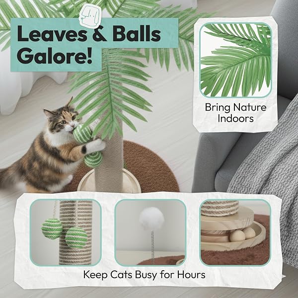 POMESEA CAT SCRATCHING POST 34 INCH WITH ROTATING TURNTABLE AND REMOVABLE HANGING BALL, CAT SCRATCHER FOR INDOOR CATS, ULTRA STABLE BASE, PAW-FRIENDLY JUTE MATERIAL, BROWN BASE