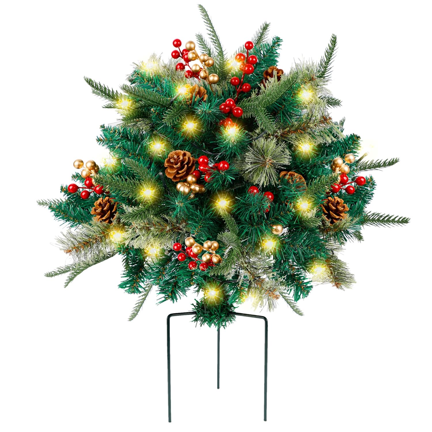 Photo 1 of Glintoper Lighted Artificial Christmas Urn Filler, Pre-lit Xmas Pine Trees with Cones, Golden & Red Berries, Tripod Stake and 60 LED Lights, Outdoor Light Up Planter Filler Holiday Home Decor, 1 Pack