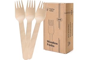 Pantry Value [100 Count] Wooden Disposable Forks, Splinter-free Biodegradable Forks, Eco-friendly, Compostable Utensils for Outdoors, Parties, and events