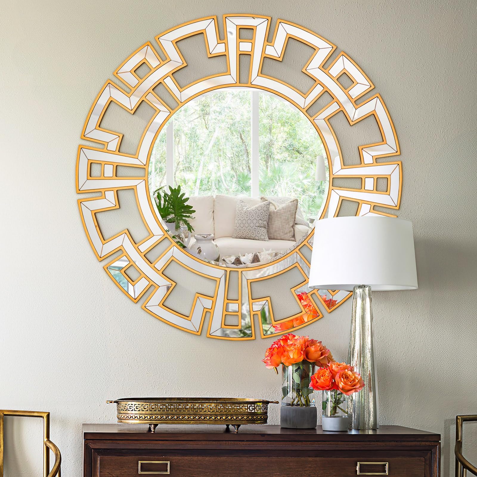 Photo 1 of Chende Large Gold Mirrors for Decor, 44'' Round Wall Mirrors for Dining Room Entryway, Elegant Decorative Mirror with Wooden Frame for Living Room, Bedroom, Fireplace