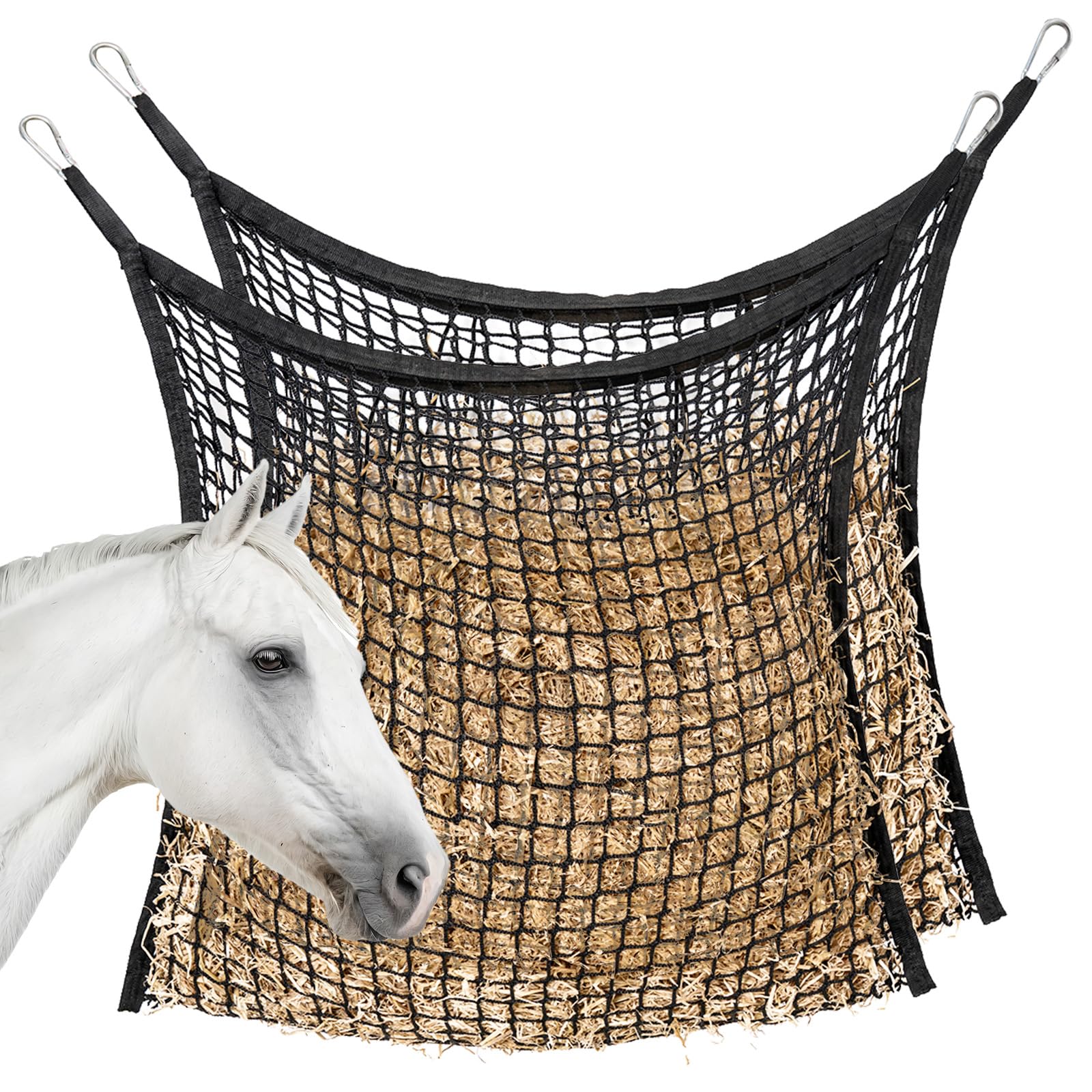 Photo 1 of MKO SHUN 2 PCS Slow Feed Hay Net for Horses, Large Capacity Hay Bags for Horses Goats Sheep Donkey Trailer Full Day Feeding, Easy to Fill and Hang, Black, 35 x 31 Inch