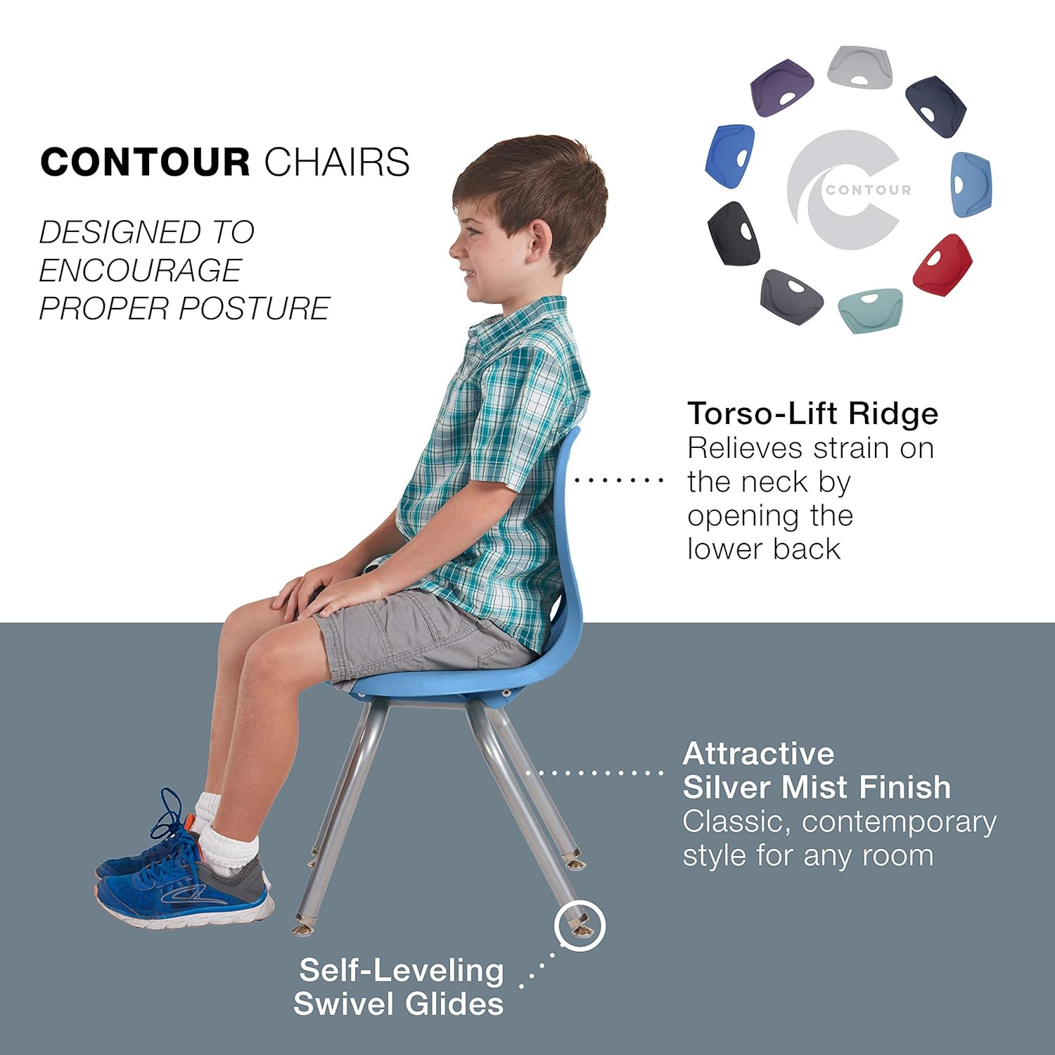FDP 12" Contour School Stacking Student Chair, Ergonomic Molded Seat Shell with Powder Coated Silver Frame and Swivel Leg Glides; for in-Home Learning or Classroom - Navy/Powder Blue (4-Piece): Industrial & Scientific