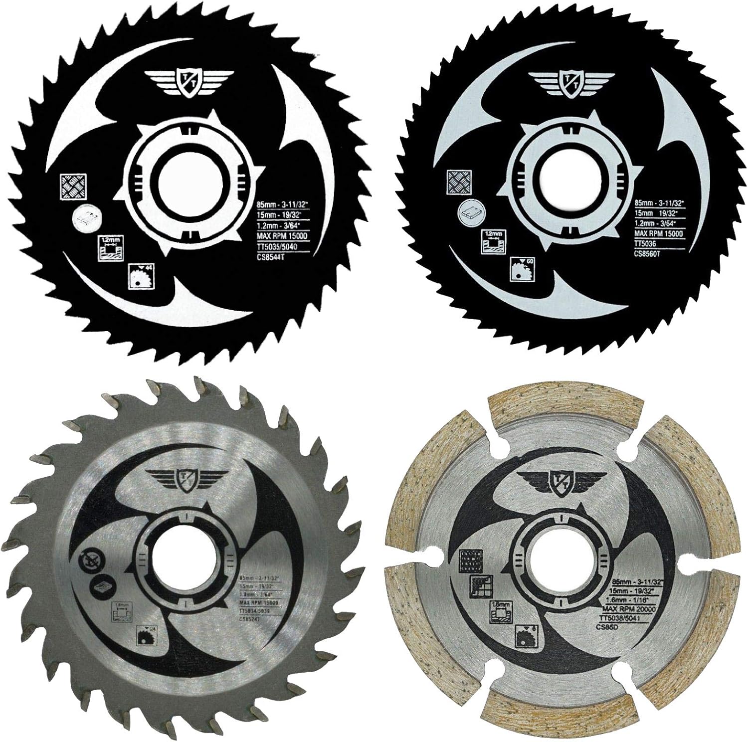 4 x TopsTools CSK85_4 85mm 24T 44T 60T TCT HSS Diamond 15mm Bore Saw Blades, multicolor