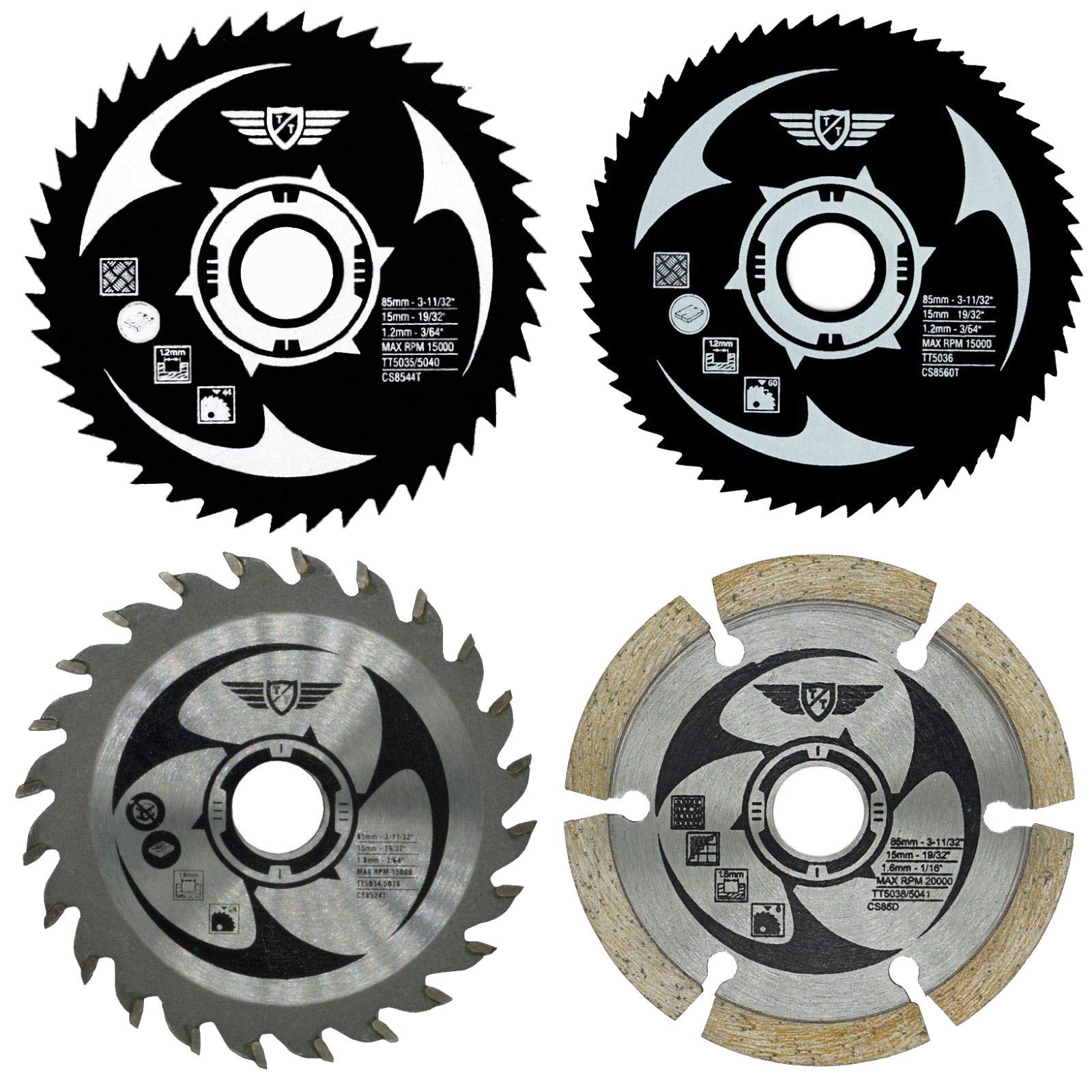 4 x TopsTools CSK85_4 85mm 24T 44T 60T TCT HSS Diamond 15mm Bore Saw Blades