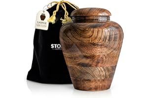 STONLIF Large Wooden Cremation Urn for Human Ashes – Adult Memorial Funeral Urn for Men & Women – Burnt Antique Finish with T
