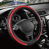 Road Comforts Leather Steering Wheel Cover – Black & Red Universal Fit 14.5-15 Inch, Microfiber Leather, Anti-Slip & Breathable Design for Men and Women