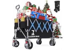 KACHUAN BEAR 57" L Large Collapsible Foldable Wagon with Tailgate & Brake, 500LBS Heavy Duty Beach Wagons with All-Terrain Big Wheels, 300L Folding Utility Cart for Sand Garden Shopping Groceries Sports (Black)
