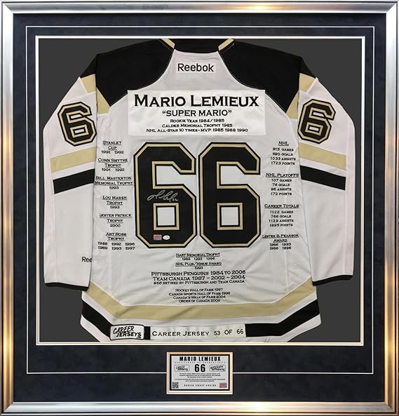 Mario Lemieux Signed Jersey Framed White Career Ltd Ed 66