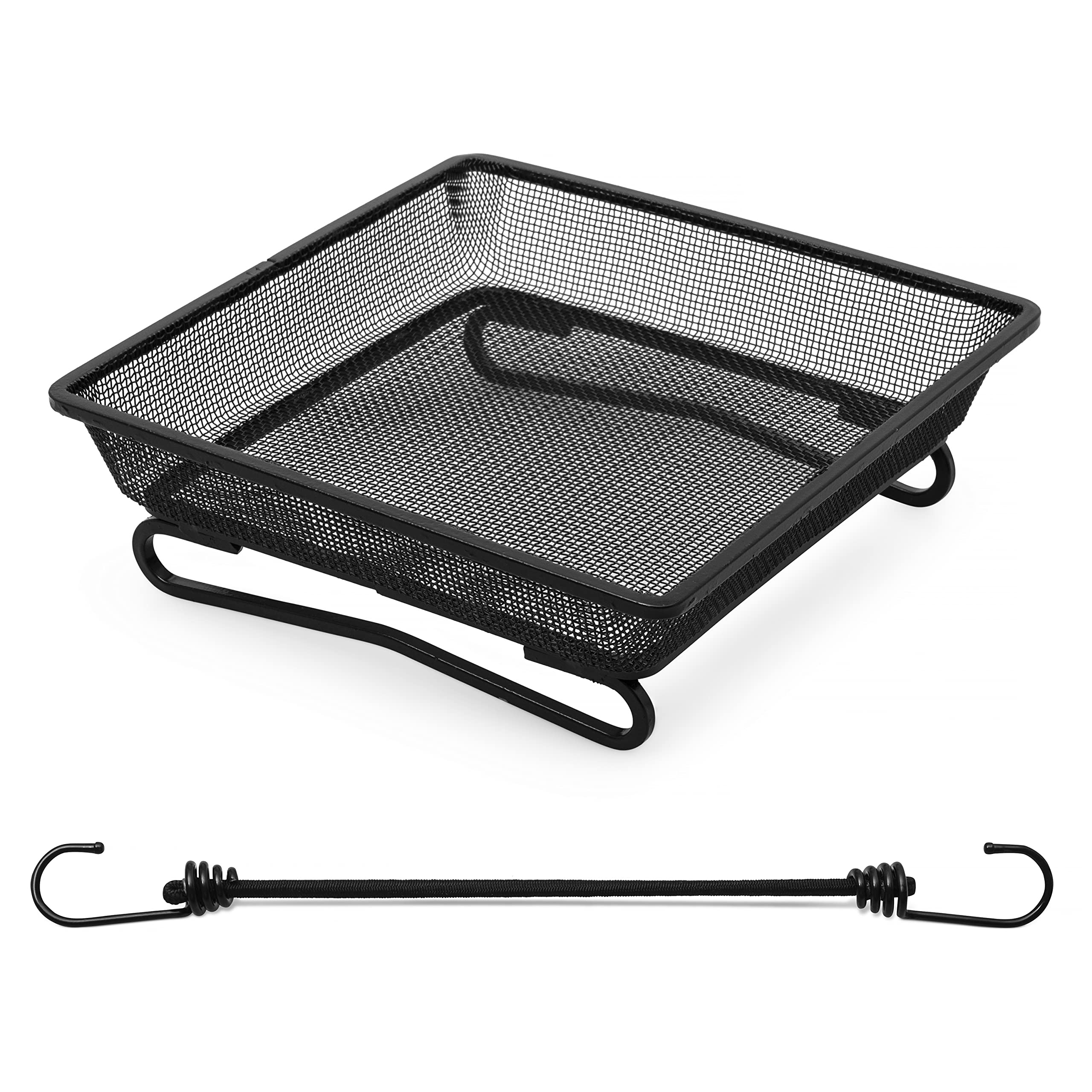 Aestic Ground Bird Feeder Platform Tray 18x18 cm Compact Design for Outdoor Garden and Backyard - Heavy-Duty Metal Mesh Seed Tray with 2 Bunjee Cords to Attach the Feeder to Balcony or Deck Rail