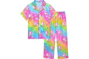 Sylfairy Girls Satin Pajamas Silk PJS Set Rainbow Unicorn Sleepwear Short Sleeve Long Pants Jammies for Toddler Kids