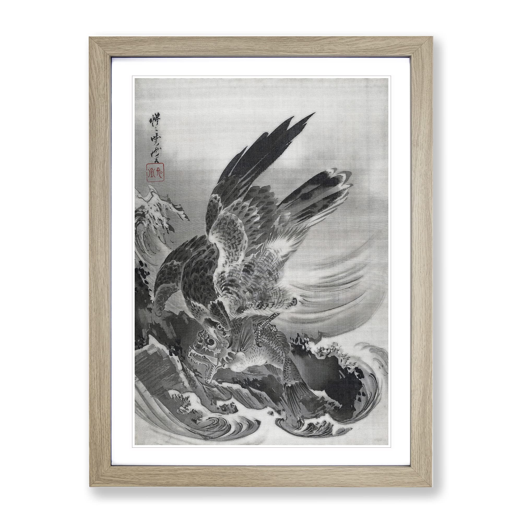 Eagle Attacking Fish By Kawanabe Kyosai Asian Japanese Framed Wall Art Print, Ready to Hang Picture for Living Room Bedroom Home Office Décor, Oak A4 (34 x 25 cm)